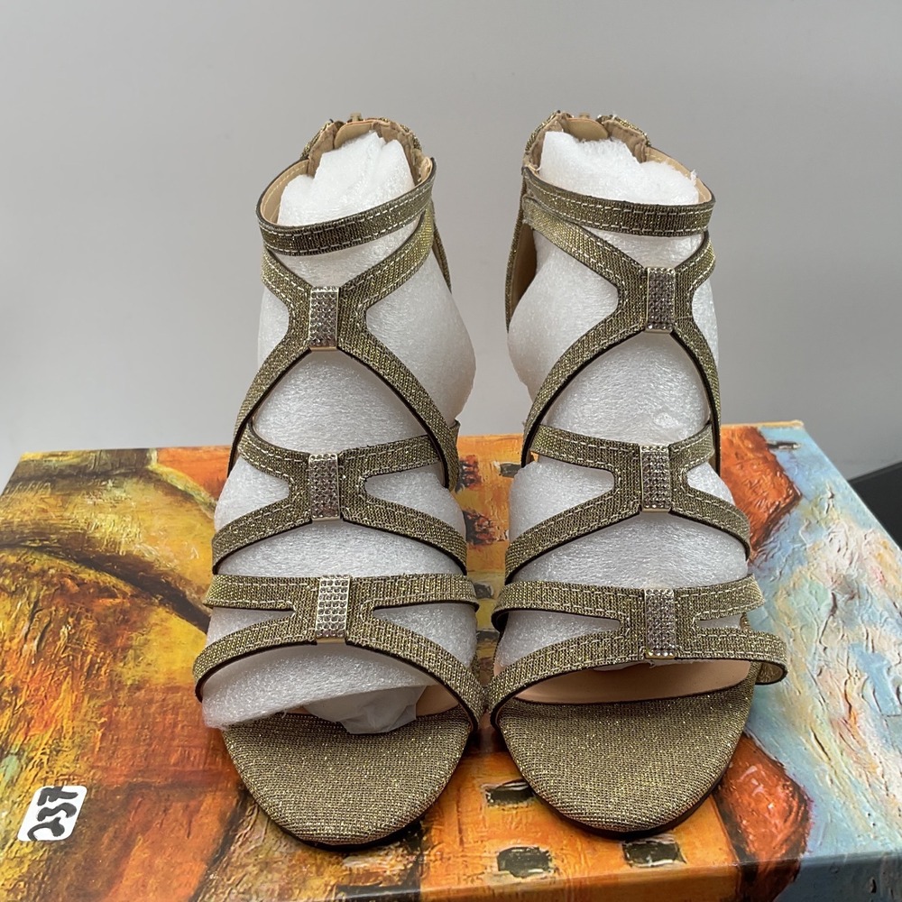 Bella vitaGold Metallic Strappy Rhinestone Kitten Heel Sandals Size 5M Zip Back